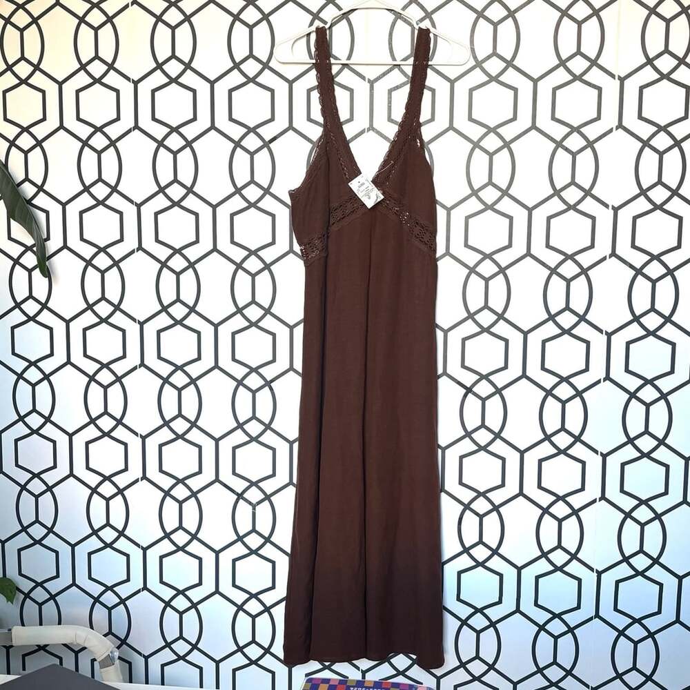 New LOFT Lace Trim Slip Dress Size 14 Brown Linen Blend Midi